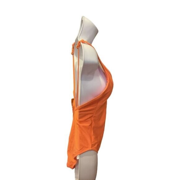 Womens Orange One-Piece Swimsuit With Adjustable Straps & Deep V-Neckline - Picture 7 of 9
